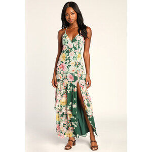 Lulus Effortless Energy Green Floral Print Asymmetrical Maxi Dress - Size XL
